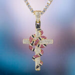 Men’s Moissanite Iced Out Cross Pendant with Coral Snake Twist Design