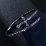 “Iced Purple Moissanite Baguette Sword Bangle Bracelet – Unique Statement Jewelry”