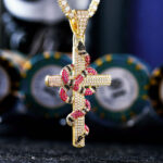 Men’s Moissanite Iced Out Cross Pendant with Coral Snake Twist Design