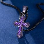 Stunning Iced Purple Moissanite Princess Cut Cross Pendant in Black Gold