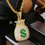 Iced Out Moissanite Money Bag Pendant Necklace for Men in 14K Gold