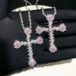 Stunning Iced Pink Moissanite Heart Pendant with Thorn Cross Design