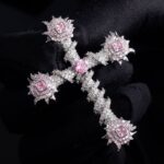 Stunning Iced Pink Moissanite Heart Pendant with Thorn Cross Design