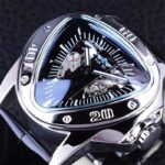 Stylish Triangle Skeleton Mechanical Watch with Black Leather Strap – Luxury Timepiece