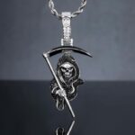 Moissanite Death Skull Pendant with Sickle – Unique Gothic Jewelry