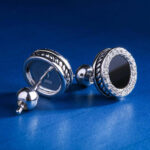 Iced Ring and Black Onyx Earrings Set in Elegant White Gold Plating