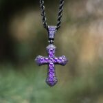 Stunning Iced Purple Moissanite Princess Cut Cross Pendant in Black Gold