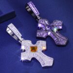 “Stunning Iced Purple Moissanite Christian Cross Pendant – Fancy Baguette Design”