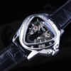 Stylish Triangle Skeleton Mechanical Watch with Black Leather Strap – Luxury Timepiece