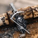 Moissanite Death Skull Pendant with Sickle – Unique Gothic Jewelry