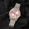 “Stylish 42mm Micro Pave Pink Dial Watch with Sparkling Stone Details”