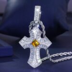 “Stunning Iced Purple Moissanite Christian Cross Pendant – Fancy Baguette Design”