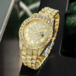 Stylish Gold Round Cut Men’s Watch with Iced Roman Numerals